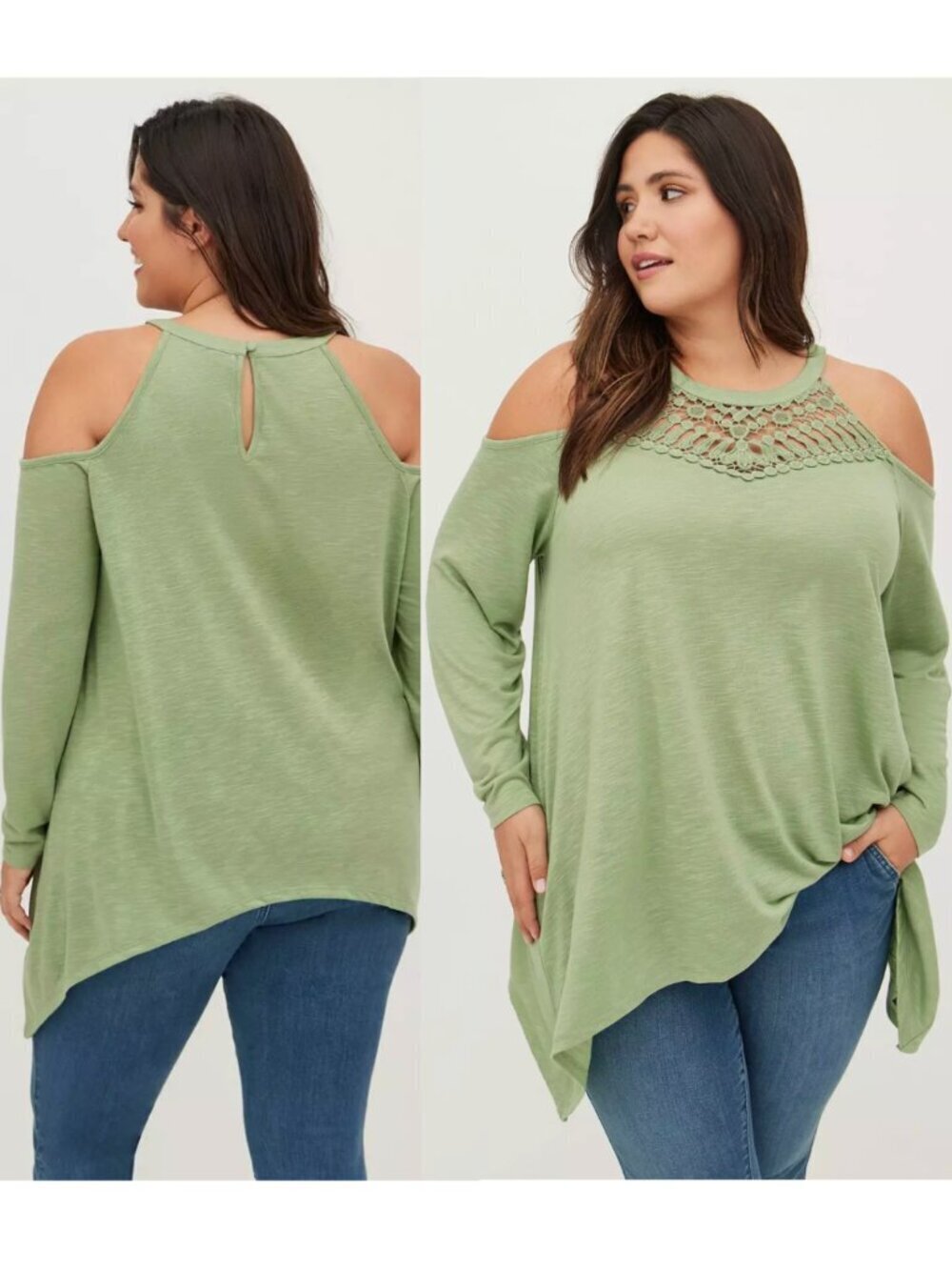 NEW NWT TORRID Plus Size Knit Crochet Neck Cold Shoulder Sharkbite Hem Top Green